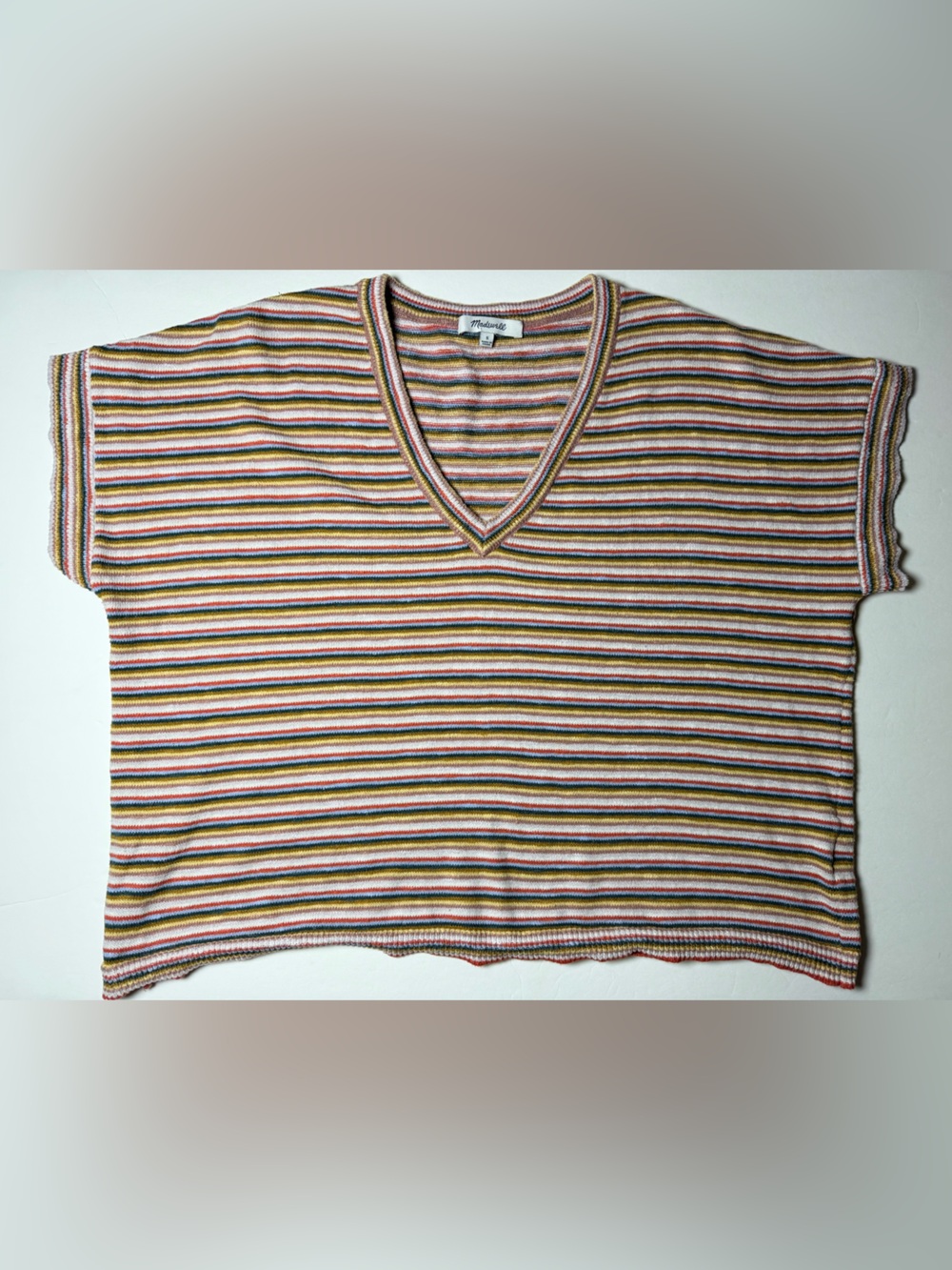 Madewell Multistripe Rib Knit V-neck Short Sleeve Sweater Small Y2K inspired
